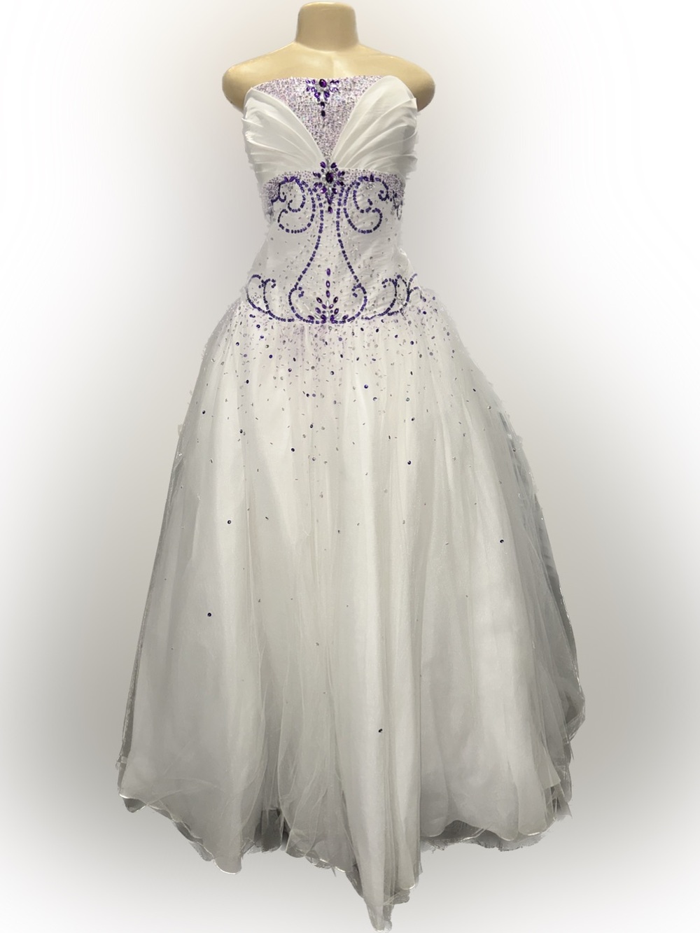 Strapless White Ball Gown Dress with Purple Embellishment